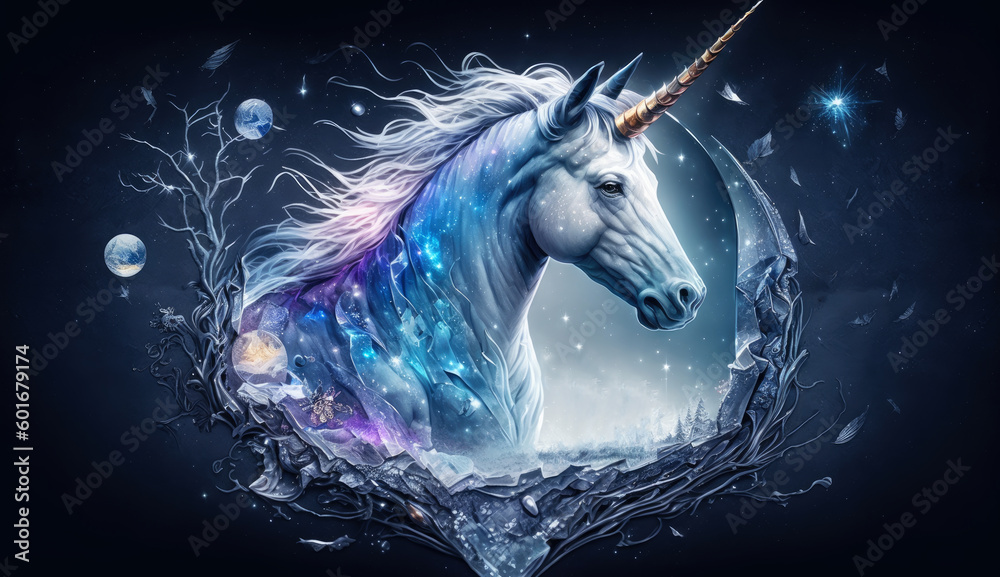 Poster crystal unicorn on winter background. generative ai.