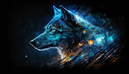 Wolf in cosmic space. generative ai.