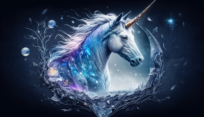 Plakat crystal unicorn on winter background. generative ai.