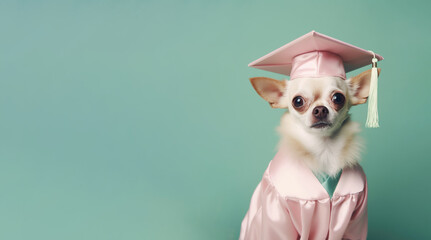 Dog in graduation cap and gown. Realistic chihuahua portrait. Generative AI