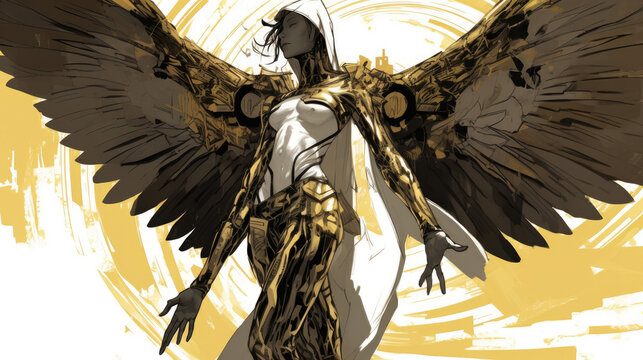 angelic cyberpunk seraph with wings - by generative ai