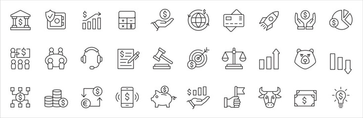 Bank and finance icon set. Business and corporation vector signs. Contain symbol of safe, global market, auction, crowd funding, start up, meeting, stock, bull and bear. Vector stock thin line design. - obrazy, fototapety, plakaty