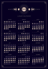 Lunar calendar, moonlight activity stages for 2024 year template. Astrology, astronomical lunar sphere shadow, whole cycle from new to full moon calendar banner, card vector illustration - obrazy, fototapety, plakaty