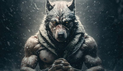 A portrait of a wolf warrior, muscular, covered in snow, hands in praying position, mean looking, generative AI