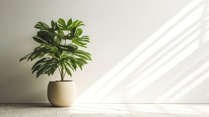 Scandinavian minimalistic home light white interior with green plant - obrazy, fototapety, plakaty