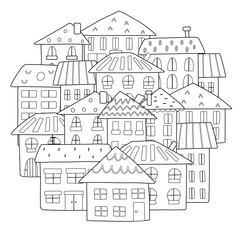 Doodle houses circle shape coloring page. Hand drawn mandala with city background for coloring book. Vector illustration
