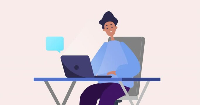 Man  Working on a Laptop, Typing and Receiving Notifications 2D Animation. Freelancer Concept.  