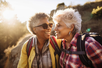 Active retired interracial lesbian couple hiking outdoors. Generative AI