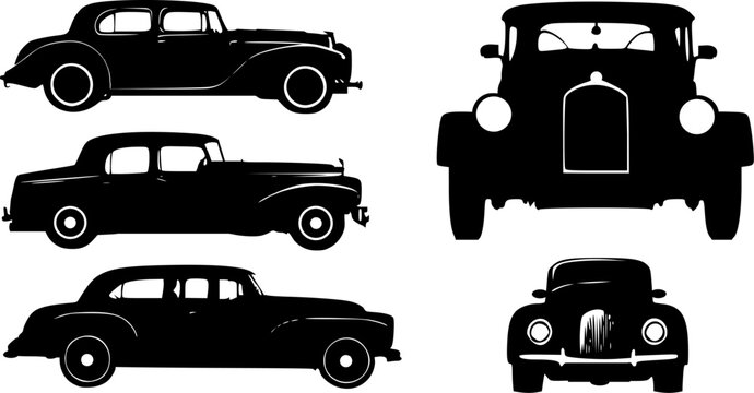 Vektor Set mit Vintage Oldtimern - Front- und Seitenansicht