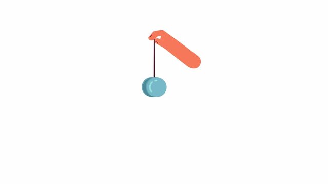 Animated hand with yoyo. Playing toy animation. Relieving stress, anxiety. Yo yo hand isolated 2D cartoon flat hand 4K video footage, white background, alpha channel transparency for web design