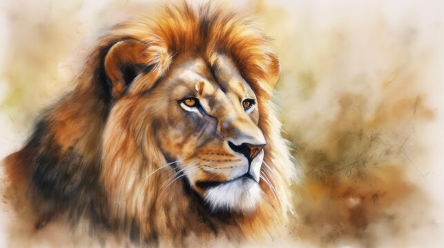 illustration of watercolor lion, abstract color background, generative ai.