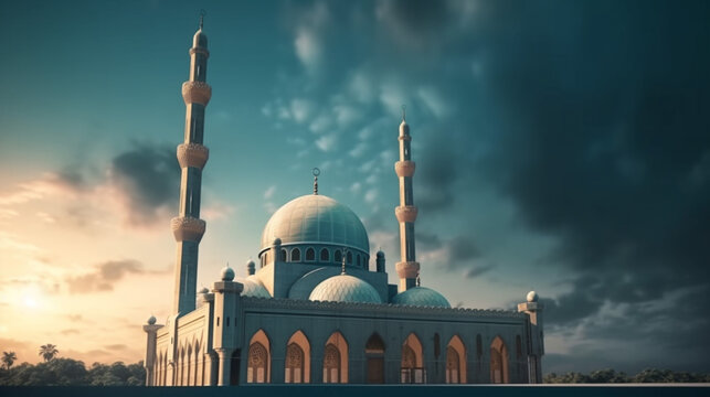 illustration of the beautiful shiny mosque and ramadan islamic culture icon and with beautiful sun light, The landmark, generative AI