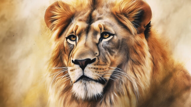 illustration of watercolor lion, abstract color background, generative ai.