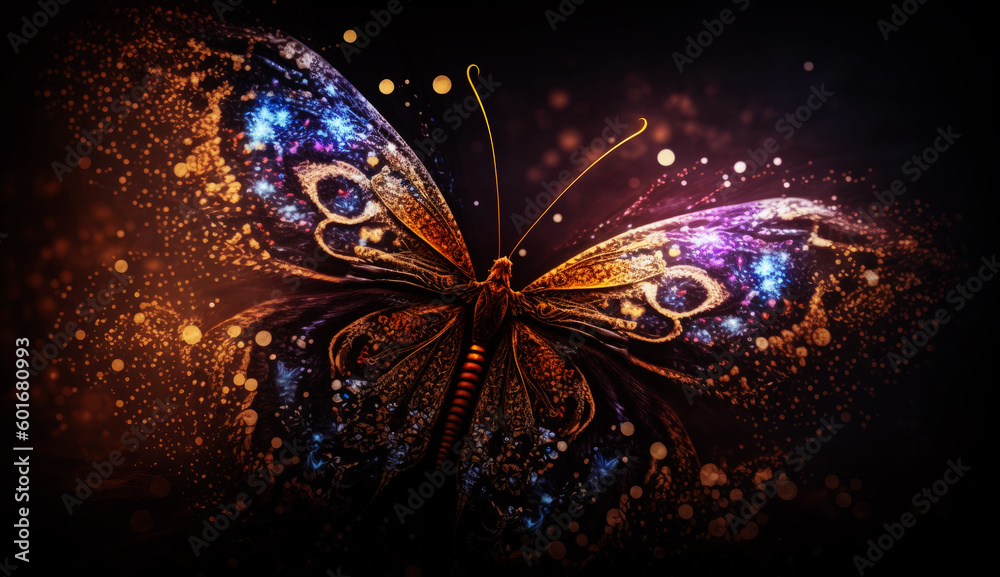 Poster illustration of a color butterfly, abstract color background, generative ai.