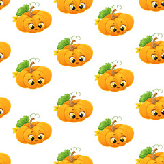 Seamless pattern from cute little cartoon emoji pumpkins on a white background