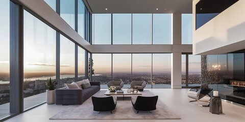 Zoom background: a modern penthouse living room with large windows, creates with Generative AI.