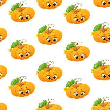 Seamless pattern from cute little cartoon emoji pumpkins on a white background