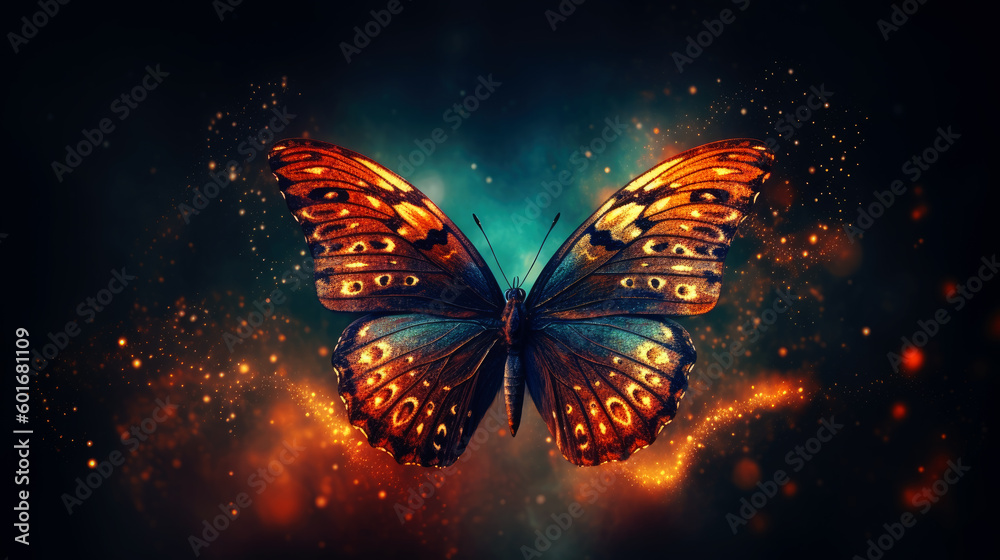 Poster illustration of a color butterfly, abstract color background, generative ai.