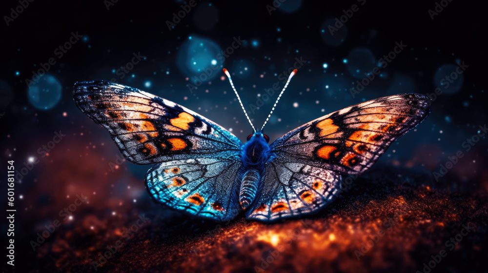 Poster illustration of a color butterfly, abstract color background, generative ai.