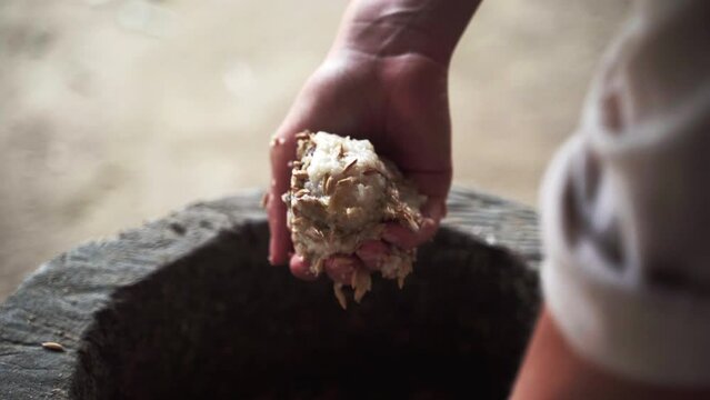 Manual preparation of rice ball food for elephants in wooden pail.