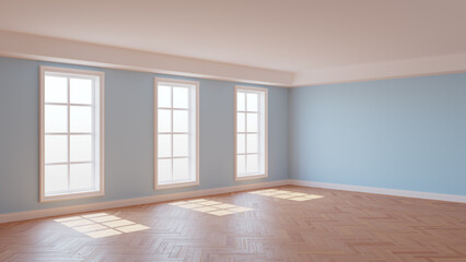 Beautiful Sunny Interior with Light Blue Walls, Three Large Windows, White Ceiling and Cornice, Glossy Herringbone Parquet Floor and a White Plinth, 3D illustration. 8K Ultra HD, 7680x4320, 300 dpi