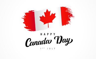 Fototapeta na wymiar Happy Canada Day, 1st July, lettering and waving flag. Vector typography illustration for Canada Day with red maple leaf on grunge flag