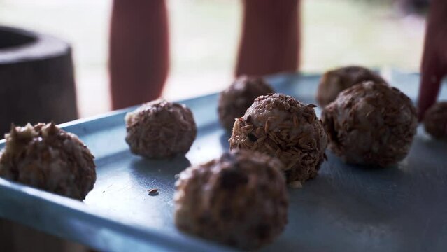 Round elephant food balls from rice, bananas and seeds on plastic tray.