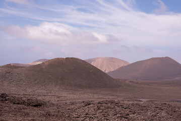 Amazing lunar landscape of Timanfaya National Park on the volcanic island of Lanzarote in Spain.
