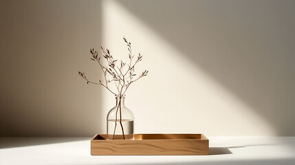 A wooden tray with a vase and a beige background.