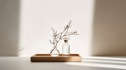 A bottle of water sits on a wood podium with a branch in it.