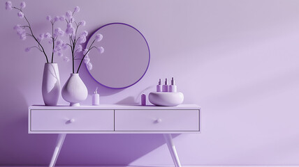 A purple wall with a mirror and a stand for cosmetics