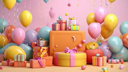 A bunch of colorful balloons and presents on a pink background