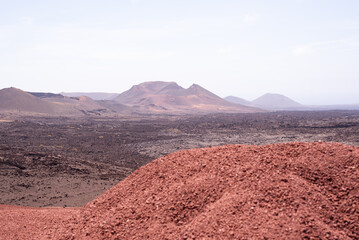 Amazing lunar landscape of Timanfaya National Park on the volcanic island of Lanzarote in Spain.