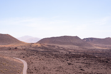 Amazing lunar landscape of Timanfaya National Park on the volcanic island of Lanzarote in Spain.