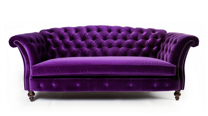 A purple velvet Chesterfield couch on white background  