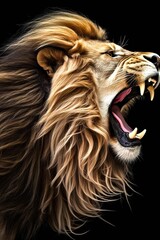 Portrait of a roaring lion on a black background. Side view. Design for a painting. Generative AI