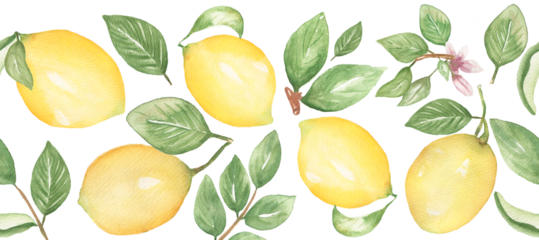 Watercolor hand drawn lemon seamless border, citrus fruit with leaves repeat border, textile design, card