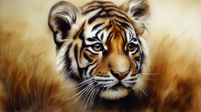 illustration of young tiger, abstract color background, generative ai.