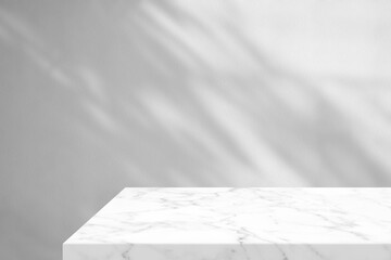 Minimal White Marble Table Corner with Shadow and Warm Light Beam on Concrete Wall Background,...