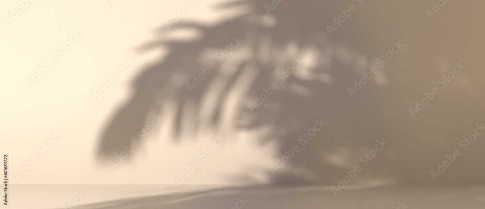 Wall mural blurred shadow of palm leaves on a wall. abstract minimal background for a product presentation. sum