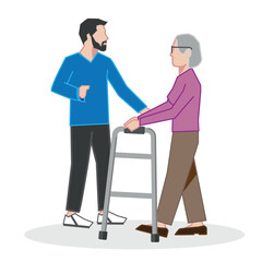 Walking aid - Elderly woman using walker, young caregiver supporting and helping - vector illustration