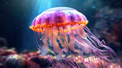 Neon glow Jellyfish in the wild. Generative AI