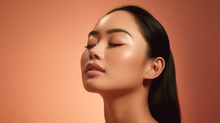 Naklejka premium Beautiful Spa Model with Perfect Skin on Pink Background: Beauty and Skincare Concept. Generative AI.
