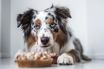 Australian Shepherd dog with birthday cake. Generative AI illustration