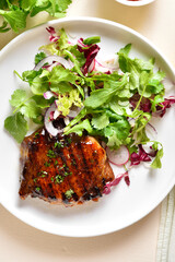 Roasted pork steak with salad from fresh vegetable