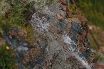 Waterfall Loud threshold on the slope of the Monastery Island in the Dnieper, Ukraine. Artificial decorative waterfall.