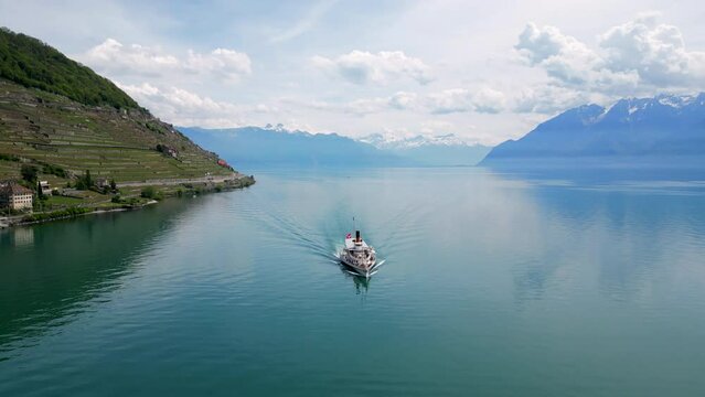 Aerial view of Following a boat on lake Geneva