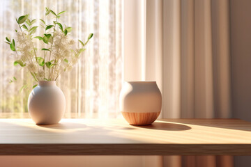 two vases sit on a table next to a window. Generative Ai