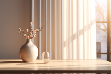 Generative Ai. a vase with flowers on a table in front of a window