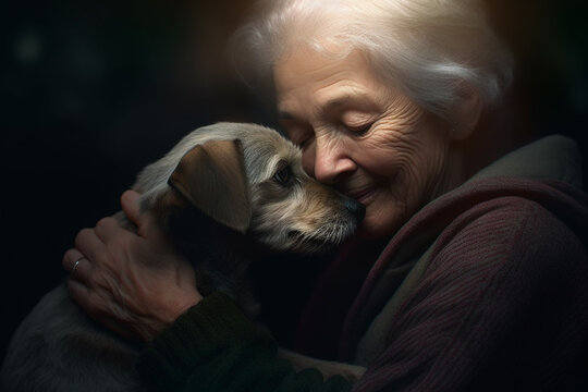 Older Woman Is Hugging A Dog In The Dark. Generative Ai